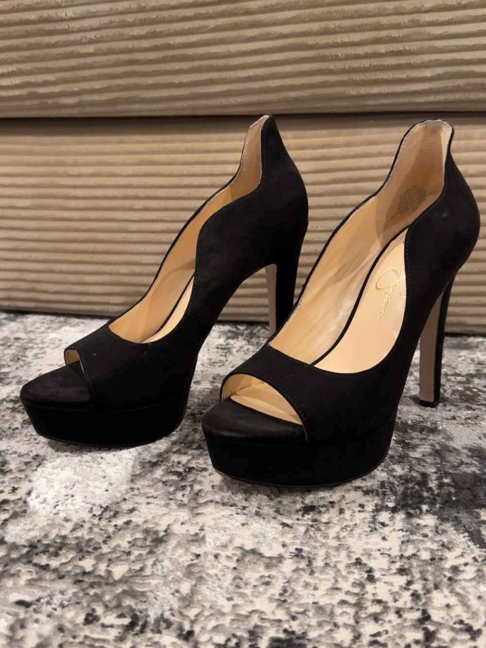 Jessica Simpson Black Suede Peep-Toe Platform Pumps